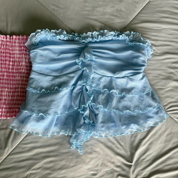 SHEIN Red, Pink, and Blue Bandeau Crop Tops Gingham Lace Ruffle Tops Bundle - Picture 2 of 12